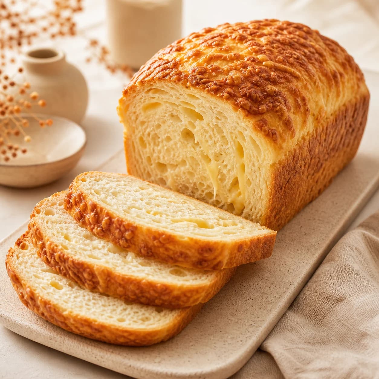 Aufgeschnittenes goldbraunes Käsebrot mit zarter Käsekruste