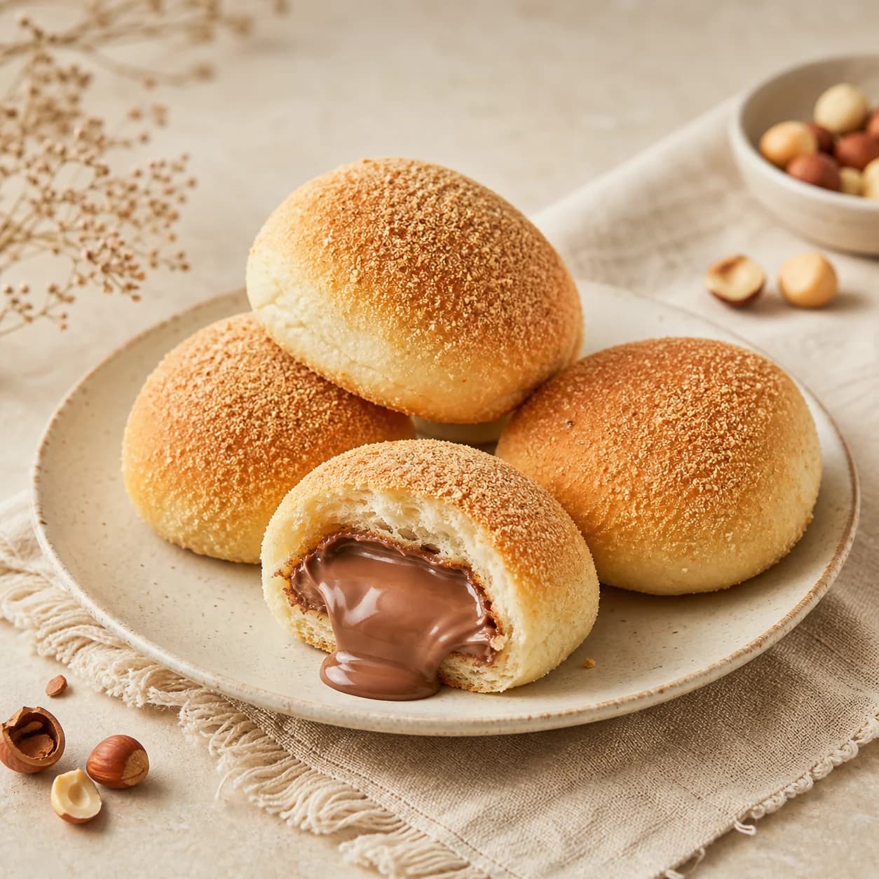 Goldbraune Pandesal-Brötchen mit cremiger Haselnuss-Schokoladenfüllung